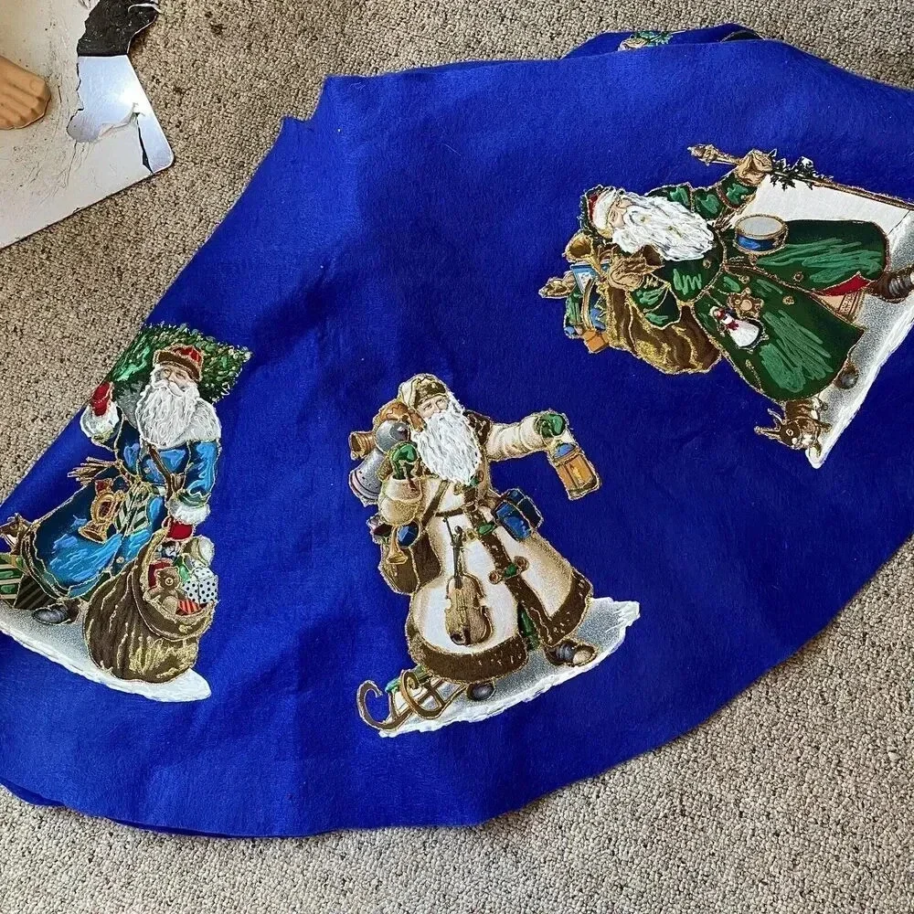 Vintage Blue MERRY CHRISTMAS TREE SKIRT Fabric Panel Santa Clause Holiday Decor